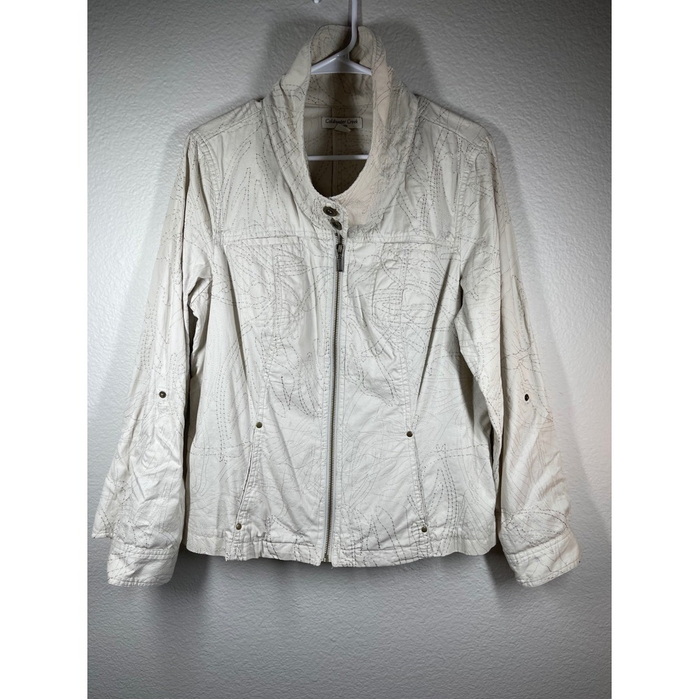 Coldwater Creek Textured Embroidered Zip Front Jacket Women Size 12 beige boho
